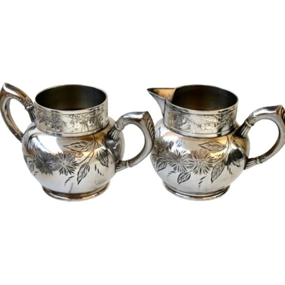 Antique C Rogers & Bros Tea Coffee Set Sugar & Creamer 4 Pieces Silverplate - Picture 9 of 16